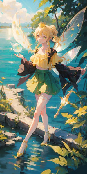 A solar fairy, with a blue crown on her head, yellow eyes, long blond hair tied up in a mary jane, wearing a yellow top, short yellow skirt, fishnet stockings, blue crystal high heels, transparent fairy wings, holding a spherical staff in a lake setting. 