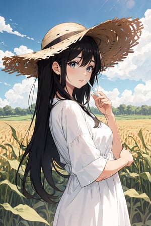 Manga style, black and white, a girl with a straw hat wearing a beautiful simple silk dress in a cornfield