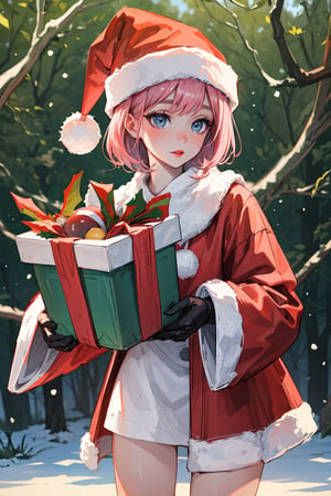 A cute girl with pink hair, blue eyes, pale skin, red lips wearing a Santa hat and Christmas clothes holding various presents in a forest with various animals around her