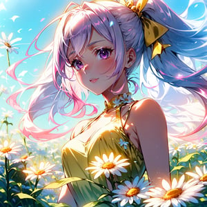 A cute girl with pink hair, lilac eyes, white skin, wearing a yellow dress, with pretty bows in her hair, field background with several daisies.,1 girl