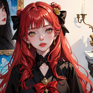 (work of art), (masterpiece), (amazing illustration), (best quality), (best lighting), (best coloring), (watercolor), (light coloring), (detailed eyes), (cute face), (painted yellow eyes), (with bows in her hair)(pale face), (white face), light rosy lipstick lips, flushed cheeks, wearing a transparent black lace glove, long straight red hair (with bangs), black clothes with lace