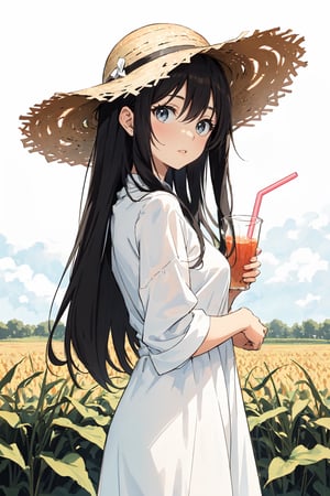 Manga style, black and white, a girl with a straw hat wearing a beautiful simple silk dress in a cornfield