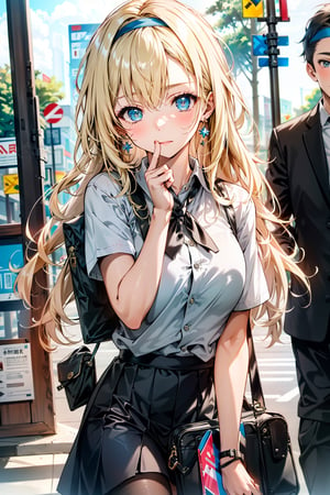 (Incredible quality art masterpiece), A blonde-haired girl in school uniform, long hair, blue headband, waiting for the bus, cute expression, expressive eyes.,midjourney