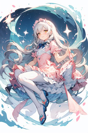 a cute girl wearing a pretty pink dress with ruffles and lace, white silk tights, blue crystal shoes, long straight white curly hair with bangs, yellow eyes.