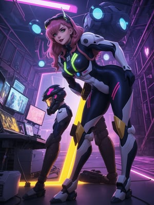 In impeccable 8K resolution, ultra-detailed. In a style that blends the aesthetics of Neon Genesis Evangelion with the modernity of Anime CGI. | In a futuristic hangar filled with advanced machinery, a beautiful bounty hunter stands out. Wearing an all-white mecha suit, with pink areas and neon yellow stripes, her suit embraces her curves, while a cybernetic helmet with a glass visor covers her face. Her long, curly pink hair, with an extravagant fringe in front of her right eye, adds a touch of boldness. Staring with a penetrating gaze at the viewer, she exudes confidence. | The three-dimensional composition is accentuated by the presence of a giant mecha robot in the background, an armed vehicle, and a variety of computers and machines, all illuminated by visible electrical current. Atmospheric perspective and a wide angle add dynamism to the scene. | Neon light permeates the hangar, enhancing the contrast between the white of the hunter's suit and the vibrant tones around. Effects like cinematic lighting, motion blur, and glow contribute to a futuristic atmosphere. | A fearless bounty hunter, immersed in a hangar full of advanced technology, ready for action and mystery, inspired by the striking aesthetics of Neon Genesis Evangelion. | She: ((interacting and leaning on anything, very large structure+object, leaning against, sensual pose):1.5), ((Full body image)), perfect hand, fingers, hand, perfect, better_hands, More Detail,