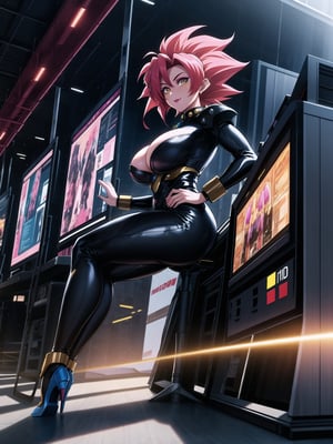 A woman, wearing an all-black mecha costume, mecha costume with golden parts, mecha costume with golden lights, mecha costume very tight on the body, wearing a mecha helmet with a transparent visor with lights, gigantic breasts, pink hair, ((super saiyan hair)), spiky hair, very short hair, messy hair, hair with bangs in front of the eyes, (looking directly at the viewer),  she's in a futuristic lab, computers, machines, destroyed robot, window showing the city, 16K, UHD, best possible quality, ultra detailed, best possible resolution, Unreal Engine 5, professional photography, she is, ((sensual pose with interaction and leaning on anything + object + on something + leaning against)) + perfect_thighs, perfect_legs, perfect_feet, better_hands, ((full body)), More detail,