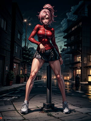 A woman, red shirt without collar and sleeves, very short black skirt, white sneakers, gigantic breasts, wearing cap, pink hair, extremely short hair, rebellious hair, hair with ponytail, hair with bangs in front of the eye, looking at the viewer, (((sensual pose+Interacting+leaning on anything+object+leaning against))), in a small square at night with many structures, banks, trees, lots of people walking, ((full body):1.5), 16K, UHD, unreal engine 5, quality max, max resolution, ultra-realistic, ultra-detailed, maximum sharpness, ((perfect_hands):1), Goodhands-beta2