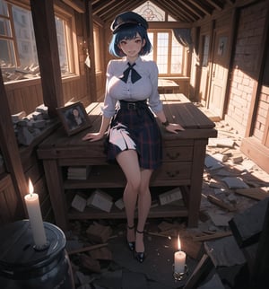 An ultra-detailed 4K masterpiece with gothic and horror styles, rendered in ultra-high resolution with realistic graphic details. | Miya, a young 23-year-old woman with huge breasts, is dressed in a school outfit, consisting of a white blouse, a black and white plaid skirt, black socks and black low-heeled shoes. She is also wearing a black tie, a black school cap with a red sash, silver heart earrings, and a black leather bracelet. Her blue hair is long and straight, falling over her shoulders in a half-up hairstyle. ((She has red eyes, which are looking straight at the viewer with a seductive smile, showing her shiny white teeth)). It is located in a macabre house, with rubble and everything destroyed. The place is dark and poorly lit, with candles spread across the floor. The rock and wooden structures are in ruins, creating a frightening and uncomfortable atmosphere. | The image highlights Miya's sensual figure and the architectural elements of the house. The ruined rock and wooden structures, along with the rubble and candles, create a gothic and horror atmosphere. Dim, intermittent lights illuminate the scene, creating eerie shadows and highlighting the details of the scene. | Soft, shadowy lighting effects create a tense, fear-filled atmosphere, while detailed textures on skin and clothing add realism to the image. | A frightening and seductive scene of a young woman dressed as a schoolgirl in a macabre house, exploring themes of gothic, horror, fear and seduction. | (((The image reveals a full-body shot as Miya assumes a sensual pose, engagingly leaning against a structure within the scene in an exciting manner. She takes on a sensual pose as she interacts, boldly leaning on a structure, leaning back and boldly throwing herself onto the structure, reclining back in an exhilarating way.))). | ((((full-body shot)))), ((perfect pose)), ((perfect arms):1.2), ((perfect limbs, perfect fingers, better hands, perfect hands, hands)), ((perfect legs, perfect feet):1.2), Miya has (((huge breasts))), ((perfect design)), ((perfect composition)), ((very detailed scene, very detailed background, perfect layout, correct imperfections)), Enhance, Ultra details, More Detail, ((poakl)),poakl
