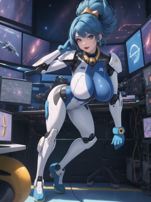 A woman, wearing a mecha suit with blue parts, all white suit, cybernetic armor suit, suit with attached lights, gigantic breasts, full body covering suit, suit very tight on the body, synthetic suit, very short hair, blue hair, mohawk hair, hair with bangs in front of the eyes, she's looking directly at the viewer, she is in an alien aircraft in the control room, with many computers, control panels, display showing outer space, mecha robots, pipes with flowing electricity, UHD, best possible quality, ultra detailed, best possible resolution, ultra technological, futuristic, robotic, Unreal Engine 5, professional photography, ((she is doing sensual pose with interaction and leaning on anything + object + on something + leaning against)), ((full body)), better hands, More detail. ((Marge Simpson))