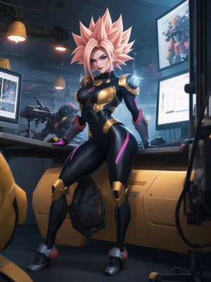 A woman, wearing an all-black mecha suit, a mecha costume with golden parts, a mecha costume with golden lights, a locks suit that is tight on the body, wearing a wick helmet with a transparent visor with lights, pink hair, ((super saiyan hair)), spiky hair, hair that is too short, messy hair, hair with bangs in front of the eyes, (looking directly at the viewer),  she's in a futuristic lab, computers, machines, window showing the city, 16K, UHD, best possible quality, ultra detailed, best possible resolution, Unreal Engine 5, professional photography, she is, ((sensual pose with interaction and leaning on anything + object + on something + leaning against)) + perfect_thighs, perfect_legs, perfect_feet, better_hands, ((full body)), More detail,