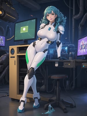 A woman, has gigantic breasts, is wearing mecha suit + robotic armor with parts in blue, totally white suit, she has blue hair, curly hair, hair with bangs in front of her eyes, she is, in an ultra technological dungeon, with machines, large stone structures, computers, giant test tubes with monsters dipped in green liquid, 16K,  UHD, best possible quality, ultra detailed, best possible resolution, ultra technological, futuristic, robotic, Unreal Engine 5, professional photography, she is, ((sensual pose with interaction and leaning on anything + object + on something + leaning against)) + perfect_thighs, perfect_legs, perfect_feet, ((full body)), More detail, better_hands