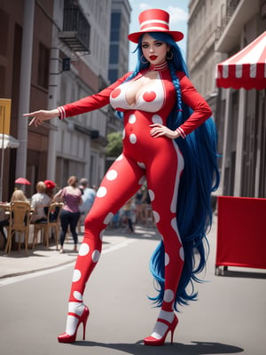 A woman, wearing a circus clown costume in a red suit, white T-shirt with blue polka dots, long red pants, red circus clown shoes, tight and tight clothing on the body, ((gigantic breasts)), blue hair, hair with ponytail, hair straight, hair with bangs in front of the eyes, looking at the viewer, (((pose with interaction and leaning on [something|an object]))), in an amusement park with many food cars, tables, toys, is in the afternoon, beautiful clouds in the sky, ((full body):1.5), 16k, UHD, best possible quality, ultra detailed, best possible resolution, Unreal Engine 5, professional photography, (perfect:0.5), ((well-detailed fingers):0.5), ((well-detailed hand):0.5), ((perfect hands):0.5), ((circus clown))