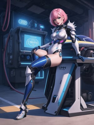 A woman, with wosawe cyber Armor All White, wosawe cyber armor small parts in blue, wosawe cyber armor with lights attached, pink hair, spiky hair, short hair, hair with bangs in front of her eyes, she is a garage, with many futuristic cars, food machines, video games, 16K, UHD, best possible quality, ultra detailed, best possible resolution, ultra technological, futuristic, robotic, Unreal Engine 5, professional photography, she is a robot,, ((sensual pose with interaction and leaning on anything + object + on something + leaning against)) + perfect_thighs, perfect_legs, perfect_feet, better_hands, ((full body)), More detail,