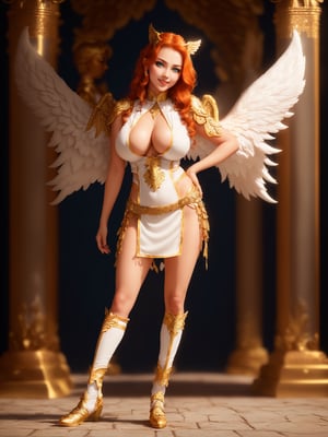 ((Full body):2) {((Just_a_beautiful_Angel_Woman):2)}; {
Just_a_beautiful_Angel_Woman}:{((She is wearing a white warrior costume with golden parts, extremely tight on her body):1.5), She has ((extremely large and firm breasts, big white wings):1.5), She has ((red hair long blonde hair and sparkling blue eyes):1.5), She is ((looking at viewer, smiling):1.5), She is doing ((pose to viewer):1.5)}; {Background:She is in a magical temple with several mythical beings):1.5) behind her}, Hyperrealism, 16k, ((best quality, high details):1.4), anatomically correct, UHD, masterpiece, ambient lighting