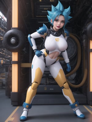 ((A kawaii woman)), wearing cybernetic suit + robotic armor + all-white latex suit, with blue and yellow parts, gigantic breasts, only she has, ((super saiyan blue hair)), spiky hair, hair with bangs in front of the eyes, (looking directly at the viewer), she is on an airplane, machines, computers, people with different ethnicities, 16K, UHD, best possible quality,  ultra detailed, best possible resolution, Unreal Engine 5, professional photography,, she is, ((sensual pose with interaction and leaning on anything + object + on something + leaning against)) + perfect_thighs, perfect_legs, perfect_feet, better_hands, ((full body)), More detail,