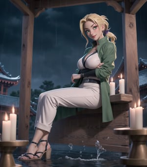 Masterpiece in UHD resolution, sharp details. Style inspired by ((Naruto Shippuden)), a fusion of anime and realism. | ((Tsunade)), a 30-year-old woman, looks stunning in a ninja temple at night, under heavy rain. Wearing a tight green coat, a collarless white shirt, dark blue trousers, and black leather sandals, her attire stands out, shaping her body perfectly. ((Gigantic_breasts)) are notable but do not overshadow her sincere gaze and the broad smile she offers to the viewer. Her long blonde hair, with an impressive frontal fringe, is tied in a ponytail. Tsunade stands in an open area of the temple, surrounded by structures of black marble, altars with ninja inscriptions, imposing pillars, and a statue of an ancient Hokage. Candles on the walls and wooden structures complete the scene, creating an authentic ninja atmosphere. | The scene is captured at a medium angle, enhancing Tsunade's elegant posture as she stares directly at the viewer, conveying confidence and determination. The intense rain adds dynamism to the image, with water droplets running down Tsunade's face and splashing on the ground. The lighting is softened by the candles, highlighting the details of the tight outfit and the woman's radiant expression. | Impressive scene of Tsunade, a 30-year-old woman, in a ninja temple during the rainy night of Naruto Shippuden. | {The camera is positioned very close to her, revealing her entire body as she adopts a sensual_pose, interacting with and leaning on a structure in the scene in an exciting way} | She is adopting a ((sensual_pose as interacts, boldly leaning on a structure, leaning back in a exciting way):1.3), ((perfect_pose)), ((full body)), perfect_fingers, perfect_legs, More Detail, realhands.