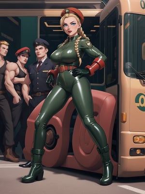 A woman, wearing an all-green latex military suit, belted suit, glove suit, boot suit, wearing red beret, gigantic breasts, blonde hair, braided hair+solo hair with bangs in front of her eyes, (looking directly at the viewer), she is inside a bus, crowded with people, 16K, UHD, best possible quality, ultra detailed,  best possible resolution, Unreal Engine 5, professional photography, ((street fighter cammy)), she is, ((sensual pose with interaction and leaning on anything + object + on something + leaning against)) + perfect_thighs, perfect_legs, perfect_feet, better_hands, (full body:1.5), More detail,