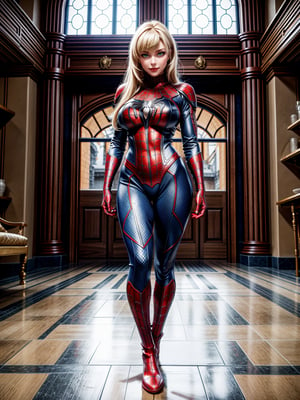 Just a woman, wearing the spider-man costume+medieval armor+black cybernetic armor with extremely tight and tight golden parts on the body, absurdly giant breasts, blonde hair, barely fulfilled hair, ponytailed hair, hair with bangs in front of the eyes, looking at the viewer, (((erotic pose interacting and leaning on something))), in a medieval castle, furniture, armor, figurines, windows, is by day, ((full body):1.5). 16k, UHD, best possible quality, ((best possible detail):1), best possible resolution, Unreal Engine 5, professional photography,perfect_hands