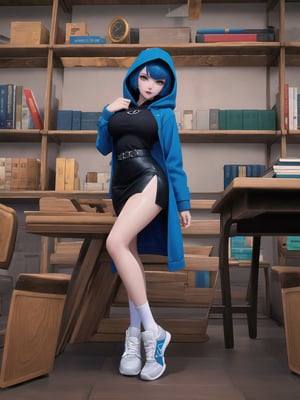 A woman is wearing a blue coat with a hood covering her head, a white T-shirt, a very short black skirt, knee-length lycra socks and white sneakers. The outfit is very tight on the body and her breasts are gigantic. She has blue hair, short in chanel style, with a very long fringe covering her left eye. She is looking directly at the viewer. She is inside a classroom, with a blackboard, tables with chairs, bookshelves with books and windows. There are many structures around. ((A woman is striking a sensual pose, interacting and leaning on a very large object+structure)). maximum sharpness, UHD, 16k, anime style, best possible quality, ultra detailed, best possible resolution, (full body:1.5), Unreal Engine 5, professional photography, perfect_thighs, perfect_legs, perfect_feet, perfect hand, fingers, hand, perfect, better_hands, more detail