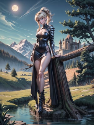 A woman, wearing silver armor, blue skirt with gold bands, long boots of black leather, gigantic breasts, blonde hair, hair with ponytail, hair with bangs in front of the eyes, (looking at the viewer), (((sensual pose+Interacting+leaning on anything+object+leaning against))), in a valley on top of a mountain at night, with many rocky structures,  trees, a small stream, many logs, soil+moon at the top center, 16K, UHD, (full body:1.5), unreal engine 5, quality max, max resolution, ultra-realistic, ultra-detailed, maximum sharpness, ((perfect_hands)), ((perfect_legs)), Goodhands-beta2, ((Charlotte Christine de Colde, gigantic breasts))