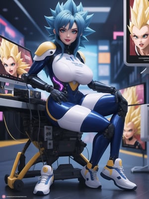 ((A kawaii woman)), wearing cybernetic suit + robotic armor + all-white latex suit, with blue and yellow parts, gigantic breasts, ((only she has super saiyan blue hair)), spiky hair, hair with bangs in front of the eyes, (looking directly at the viewer), she is on an airplane, machines, computers, people with different ethnicities, 16K, UHD, best possible quality,  ultra detailed, best possible resolution, Unreal Engine 5, professional photography,, she is, ((sensual pose with interaction and leaning on anything + object + on something + leaning against)) + perfect_thighs, perfect_legs, perfect_feet, better_hands, ((full body)), More detail,
