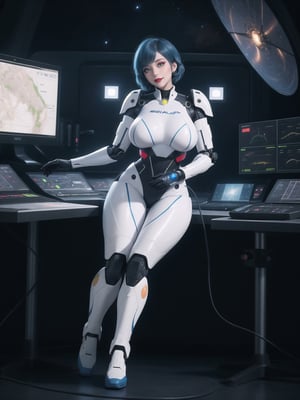 ((Princess Peach)), wearing a mecha suit with blue parts, all white suit, cybernetic armor suit, suit with attached lights, ((gigantic breasts)), full body covering suit, suit very tight on the body, synthetic suit, very short hair, blue hair, mohawk hair, hair with bangs in front of the eyes, she's looking directly at the viewer, she is in an alien aircraft in the control room, with many computers, control panels, display showing outer space, mecha robots, pipes with flowing electricity, UHD, best possible quality, ultra detailed, best possible resolution, ultra technological, futuristic, robotic, Unreal Engine 5, professional photography, ((she is doing sensual pose with interaction and leaning on anything+object+on something+leaning against)), ((full body)), better hands, More detail,