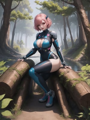 A woman, she is wearing a cybernetic suit with blue parts, an all-white cybernetic suit, a very tight cybernetic suit on her body, she has gigantic breasts, very short hair, pink hair, curly hair, hair with bangs in front of her eyes, she is looking directly at the viewer. She is in a magical forest with lots of trees, wooden structures, big tree trunks. It's night, there are many altars with ancient relics and a large pond, ((full body)),  UHD, best possible quality, ultra detailed, best possible resolution, ultra technological, Unreal Engine 5, professional photography, she is doing (sensual pose with interaction and leaning on anything) + (object + on something + leaning against), perfect, More detail,