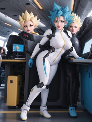 ((A kawaii woman)), wearing cybernetic suit + robotic armor + all-white latex suit, with blue and yellow parts, gigantic breasts, ((blue hair, super saiyan hair)), spiky hair, hair with bangs in front of the eyes, (looking directly at the viewer), she is on an airplane, machines, computers, people with different ethnicities, 16K, UHD, best possible quality,  ultra detailed, best possible resolution, Unreal Engine 5, professional photography,, she is, ((sensual pose with interaction and leaning on anything + object + on something + leaning against)) + perfect_thighs, perfect_legs, perfect_feet, better_hands, ((full body)), More detail,