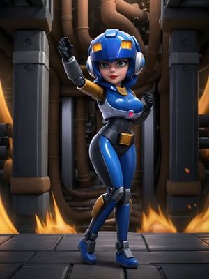 A masterpiece in 16K resolution, with the highest level of quality, sharpness, and detailing, inspired by the Mega Man X style. | In the immersive cybernetic scene, a stunning woman emerges wearing a robotic suit fused with cybernetic elements. The predominantly white suit features areas in blue and small details in yellow, fitting perfectly to the body and exuding an aura of energy. Her short, straight blue hair, with a striking fringe over the right eye, contrasts with the cybernetic helmet adorning her head. | Pulsating energy emanates around her, highlighting her in the futuristic dungeon. Intricate machines, metallic and rocky structures, along with large nuclear energy machines, make up the industrial setting. Giant robots, silent witnesses of her presence, add an epic touch to the scene. | In a sensual pose, she interacts with the environment, leaning on a large structure. The camera captures a dynamic angle that enhances her dominant presence in the dungeon, while details like metallic reflections, energy effects, and shadows accentuate the depth of the scene. | A stunning representation that transports the viewer into the epic universe of Mega Man X, with a fusion of advanced technology, vibrant energy, and impeccable design. | She: ((interacting and leaning on anything, very large structure+object, leaning against, sensual pose):1.3), ((Full body image)), perfect hand, fingers, hand, perfect, better_hands, More Detail,