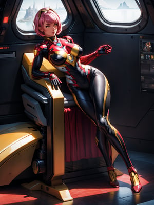 A woman, maid suit + iron man suit, black suit with gold parts, extremely tight and tight on the body, gigantic breasts, helmet on the head, pink hair, short hair, hair with bangs in front of the eyes, looking at the spectator, (((erotic pose interacting and leaning [on an object|on something in the environment]))), on a plane in the passenger area, with chairs, machinery, window, cabins ((full body):1.5) . 16k, UHD, best possible quality, ultra detailed, best possible resolution, Unreal Engine 5, professional photography, perfect_hands, perfect_legs