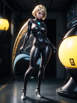 A woman, wearing black robotic armor with parts in gold, gigantic breasts, blonde hair, short hair, messy hair, hair with bangs in front of the eye, looking at the viewer, (((sensual pose with interaction and leaning on anything+object+leaning against))), in an alien spaceship with computers, window, lights on the walls, elevators, structures ((full body):1.5), 16K, UHD, unreal engine 5, quality max, max resolution, ultra-realistic, ultra-detailed, maximum sharpness, ((perfect_hands):1), Goodhands-beta2, super_metroid, ((ultra technology)), ((alien ship))