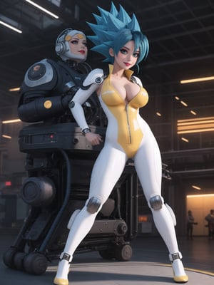 ((A kawaii woman)), wearing cybernetic suit + robotic armor + all-white latex suit, with blue and yellow parts, gigantic breasts, only she has, ((super saiyan blue hair)), spiky hair, hair with bangs in front of the eyes, (looking directly at the viewer), she is on an airplane, machines, computers, people with different ethnicities, 16K, UHD, best possible quality,  ultra detailed, best possible resolution, Unreal Engine 5, professional photography,, she is, ((sensual pose with interaction and leaning on anything + object + on something + leaning against)) + perfect_thighs, perfect_legs, perfect_feet, better_hands, ((full body)), More detail,