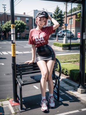 A woman, red T-shirt without collar and sleeves, very short black skirt, white sneakers, gigantic breasts, wearing cap, pink hair, extremely short hair, rebellious hair, hair with ponytail, hair with bangs in front of the eye, looking at the viewer, (((sensual pose+Interacting+leaning on anything+object+leaning against))), at a bus stop with benches,  structures, people queuing, ((full body):1.5), 16K, UHD, unreal engine 5, quality max, max resolution, ultra-realistic, ultra-detailed, maximum sharpness, ((perfect_hands):1), Goodhands-beta2