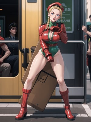 A woman, wearing an all-green latex military suit, belted suit, glove suit, boot suit, wearing red beret, gigantic breasts, blonde hair, braided hair+solo hair with bangs in front of her eyes, (looking directly at the viewer), she is inside a bus, crowded with people, 16K, UHD, best possible quality, ultra detailed,  best possible resolution, Unreal Engine 5, professional photography, ((street fighter cammy)), she is, ((sensual pose with interaction and leaning on anything + object + on something + leaning against)), ((full body)), More detail,