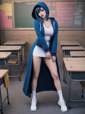 A woman is wearing a blue coat with a hood covering her head, a white T-shirt, a very short black skirt, knee-length lycra socks and white sneakers. The outfit is very tight on the body and her breasts are gigantic. She has blue hair, short in chanel style, with a very long fringe covering her left eye. She is looking directly at the viewer. She is inside a classroom, with a blackboard, tables with chairs, bookshelves with books and windows. There are many structures around. ((A woman doing a sensual pose with interaction and leaning on anything+object+on something+structure+leaning against+sensual pose)), maximum sharpness, super_metroid, UHD, 16k, best possible quality, ultra detailed, best possible resolution, (full body:1.5), Unreal Engine 5, professional photography, perfect_thighs, perfect_legs, perfect_feet, perfect hand, fingers, hand, perfect, better_hands, more detail