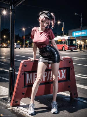 A woman, red T-shirt without collar and sleeves, very short black skirt, white sneakers, gigantic breasts, wearing cap, pink hair, extremely short hair, rebellious hair, hair with ponytail, hair with bangs in front of the eye, looking at the viewer, (((sensual pose+Interacting+leaning on anything+object+leaning against))), at a bus stop with benches,  structures, people queuing, ((full body):1.5), 16K, UHD, unreal engine 5, quality max, max resolution, ultra-realistic, ultra-detailed, maximum sharpness, ((perfect_hands):1), Goodhands-beta2