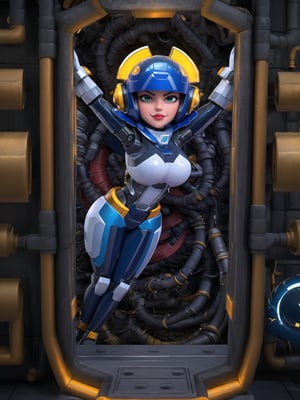 A masterpiece in 16K resolution, with the highest level of quality, sharpness, and detailing, inspired by the Mega Man X style. | In the immersive cybernetic scene, a stunning woman emerges wearing a robotic suit fused with cybernetic elements. The predominantly white suit features areas in blue and small details in yellow, fitting perfectly to the body and exuding an aura of energy. Her short, straight blue hair, with a striking fringe over the right eye, contrasts with the cybernetic helmet adorning her head. | Pulsating energy emanates around her, highlighting her in the futuristic dungeon. Intricate machines, metallic and rocky structures, along with large nuclear energy machines, make up the industrial setting. Giant robots, silent witnesses of her presence, add an epic touch to the scene. | In a sensual pose, she interacts with the environment, leaning on a large structure. The camera captures a dynamic angle that enhances her dominant presence in the dungeon, while details like metallic reflections, energy effects, and shadows accentuate the depth of the scene. | A stunning representation that transports the viewer into the epic universe of Mega Man X, with a fusion of advanced technology, vibrant energy, and impeccable design. | She: ((interacting and leaning on anything, very large structure+object, leaning against, sensual pose):1.3), ((Full body image)), perfect hand, fingers, hand, perfect, better_hands, More Detail,