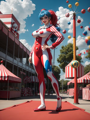 A woman, wearing a circus clown costume in a red suit, white T-shirt with blue polka dots, long red pants, red circus clown shoes, tight and tight clothing on the body, ((gigantic breasts)), blue hair, hair with ponytail, hair straight, hair with bangs in front of the eyes, looking at the viewer, (((pose with interaction and leaning on [something|an object]))), in an amusement park with many food cars, tables, toys, is in the afternoon, beautiful clouds in the sky, ((full body):1.5), 16k, UHD, best possible quality, ultra detailed, best possible resolution, Unreal Engine 5, professional photography, (perfect:0.5), ((well-detailed fingers):0.5), ((well-detailed hand):0.5), ((perfect hands):0.5), ((circus clown))