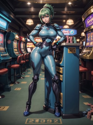A woman, wearing mecha costume+mecha armor+bionic armor, blue costume with blank parts, gigantic breasts, helmet with glass visor, green hair, extremely short hair, unruly hair, hair with ponytail, hair with bangs in the front from the eye, looking at the viewer, (((sensual pose+Interacting+leaning on anything+object+leaning against))) in a casino, with many slot machines, card tables, betting wheels, many people walking around the casino , casino full of people, people with different ethnicities, ((full body):1.5), 16K, UHD, unreal engine 5, quality max, max resolution, ultra-realistic, ultra-detailed, maximum sharpness, ((perfect_hands): 1), Goodhands-beta2, [megaman, super metroid]