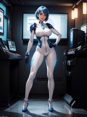 A woman, wearing white wick suit with blue lights, very tight costume on the body with robotic parts, (gigantic breasts), blue hair, very short hair, straight hair, mohawk hair, hair with bangs in front of the eyes, looking at the viewer, (((pose with interaction and leaning on something))) in a laboratory, with machines, computers, robots, windows, luminous pipes, ((full body):1.5), 16k, UHD, best possible quality, ultra detailed, best possible resolution, Unreal Engine 5, professional photography, well-detailed fingers, well-detailed hand, perfect_hands, perfect, (megamanx, super metroid)