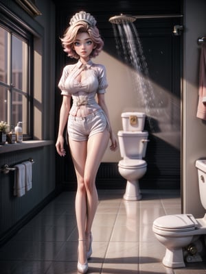 {((1woman))}, only she is {((wearing black maid attire, extremely short and tight white shorts on the body)), only elá has ((giant breasts)), ((very slick pink short hair, blue eyes)), ((staring at the viewer, smiling)), ((pose, in a bathroom, shower, bath, toilet, sink, window, bathroom full of foam))}, ((full body):1.5), 16k, best quality, best resolution, best sharpness,