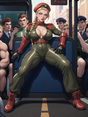 A woman, wearing an all-green latex military suit, belted suit, glove suit, boot suit, wearing red beret, gigantic breasts, blonde hair, braided hair+solo hair with bangs in front of her eyes, (looking directly at the viewer), she is inside a bus, crowded with people, 16K, UHD, best possible quality, ultra detailed,  best possible resolution, Unreal Engine 5, professional photography, ((street fighter cammy)), she is, ((sensual pose with interaction and leaning on anything + object + on something + leaning against)) + perfect_thighs, perfect_legs, perfect_feet, better_hands, ((((full body)))), More detail,