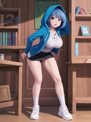A woman is wearing a blue coat with a hood covering her head, a white T-shirt, a very short black skirt, knee-length lycra socks and white sneakers. The outfit is very tight on the body and her breasts are gigantic. She has blue hair, short in chanel style, with a very long fringe covering her left eye. She is looking directly at the viewer. She is inside a classroom, with a blackboard, tables with chairs, bookshelves with books and windows. There are many structures around. ((A woman doing a sensual pose with interaction and leaning on anything+object+on something+structure+leaning against+sensual pose)), maximum sharpness, UHD, 16k, anime style, best possible quality, ultra detailed, best possible resolution, (full body:1.5), Unreal Engine 5, professional photography, perfect_thighs, perfect_legs, perfect_feet, perfect hand, fingers, hand, perfect, better_hands, more detail