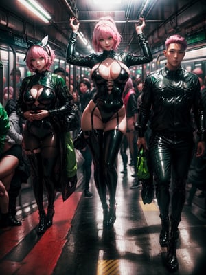 ((full body):1.5), {((Only one woman))}, is wearing {((futuristic black silk and latex costume with white parts, extremely tight on the body))}, {((she has hair very short pink, green eyes)), she has ((extremely gigantic breasts))}, she is looking at the viewer, {((she looks of pure naughty, smiling)), ((she is doing erotic poses))}, {Background: subway (((crowded with people of different ethnicities and clothing)))}, 16k, high quality, high detail, UHD
