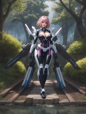 A woman is wearing an all-white mecha suit with blue parts. The mecha suit is very tight on her body, she has gigantic breasts. She has very short, pink, curly hair, with bangs in front of her eyes. She is looking directly at the viewer. She is in a magical forest with lots of trees, wooden structures and large tree trunks. It's night, there are many altars with ancient relics and a large pond, ((full body)),  UHD, best possible quality, ultra detailed, best possible resolution, ultra technological, Unreal Engine 5, professional photography, she is doing (sensual pose with interaction and leaning on anything) + (object + on something + leaning against), perfect, More detail,