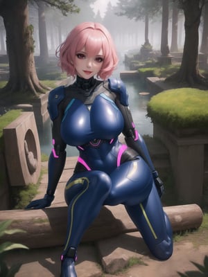 A woman, she is wearing a cybernetic suit with blue parts, an all-white cybernetic suit, a very tight cybernetic suit on her body, she has gigantic breasts, very short hair, pink hair, curly hair, hair with bangs in front of her eyes, she is looking directly at the viewer. She is in a magical forest with lots of trees, wooden structures, big tree trunks. It's night, there are many altars with ancient relics and a large pond, ((full body)),  UHD, best possible quality, ultra detailed, best possible resolution, ultra technological, Unreal Engine 5, professional photography, she is doing (sensual pose with interaction and leaning on anything) + (object + on something + leaning against), perfect, More detail,