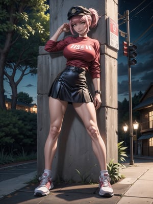 A woman, red shirt without collar and sleeves, very short black skirt, white sneakers, gigantic breasts, wearing cap, pink hair, extremely short hair, rebellious hair, hair with ponytail, hair with bangs in front of the eye, looking at the viewer, (((sensual pose+Interacting+leaning on anything+object+leaning against))), in a small square at night with many structures, banks, trees, lots of people walking, ((full body):1.5), 16K, UHD, unreal engine 5, quality max, max resolution, ultra-realistic, ultra-detailed, maximum sharpness, ((perfect_hands):1), Goodhands-beta2