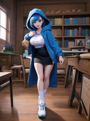 A woman is wearing a blue coat with a hood covering her head, a white T-shirt, a very short black skirt, knee-length lycra socks and white sneakers. The outfit is very tight on the body and her breasts are gigantic. She has blue hair, short in chanel style, with a very long fringe covering her left eye. She is looking directly at the viewer. She is inside a classroom, with a blackboard, tables with chairs, bookshelves with books and windows. There are many structures around. ((A woman is striking a sensual pose, interacting and leaning on a very large object+structure)). maximum sharpness, UHD, 16k, anime style, best possible quality, ultra detailed, best possible resolution, (full body:1.5), Unreal Engine 5, professional photography, perfect_thighs, perfect_legs, perfect_feet, perfect hand, fingers, hand, perfect, better_hands, more detail