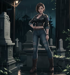 An ultra-detailed 16K masterpiece of horror and ((Resident Evil 3)), rendered in ultra-high resolution with stunning graphical detail. | Jill Valentine, a beautiful 28-year-old woman, is dressed in a sexy and modern detective outfit consisting of a leather jacket, jeans, black boots and a white shirt. Her short brown hair is styled into a bob, with a loose strand of hair falling in front. Her green eyes look out at the viewer, ((smiling seductively and showing her teeth)), with red lipstick and war paint on her face. It is located in a macabre cemetery, at night, in heavy rain. The marble and wooden structures create a gloomy atmosphere, while the tombstones, coffins, skulls, skeletons and zombies add a spooky touch to the scene. The rain hits the tombs, creating a frightening sound. | The image highlights Jill Valentine's sensual figure and the frightening elements of the macabre cemetery. The marble structures, wood, tombstones, coffins, skulls, skeletons and zombies create a dark and frightening environment. Night lighting creates dramatic shadows and highlights details in the scene. | Soft, shadowy lighting effects create a tense, fear-filled atmosphere, while rough, detailed textures on structures and costume add ((Resident Evil 3)) to the image. | A sensual and frightening scene of Jill Valentine, a beautiful woman dressed as a sexy detective in a macabre cemetery, exploring themes of terror, seduction and survival. | (((The image reveals a full-body shot as Jill Valentine assumes a sensual pose, engagingly leaning against a structure within the scene in an exciting manner. She takes on a sensual pose as she interacts, boldly leaning on a structure, leaning back and boldly throwing herself onto the structure, reclining back in an exhilarating way.))). | ((((full-body shot)))), ((perfect pose)), ((perfect limbs, perfect fingers, better hands, perfect hands, hands))++, ((perfect legs, perfect feet))++, ((huge breasts)), ((perfect design)), ((perfect composition)), ((very detailed scene, very detailed background, perfect layout, correct imperfections)), Enhance++, Ultra details++, More Detail++