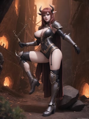 ((A demon woman)) with giant breasts, wearing mecha+robotic armor with red parts, all black armor, she has horns (wearing a helmet), red hair, short hair, hair with bangs in front of her eyes. She is in the underworld at night, with many large stone structures machines, monsters, large metal structures, warcraft, 16K, UHD, best possible quality, ultra detailed, best possible resolution, ultra technological, futuristic, robotic. The image is captured using Unreal Engine 5 and professional photography. She is in a sensual pose with interaction and leaning on anything + object + on something + leaning against + perfect_thighs, perfect_legs, perfect_feet. The image shows her full body with more detail and better hands.